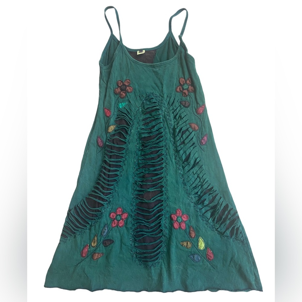 Spaghetti strap hippie style dress with embroidery and ripped detailing!!!